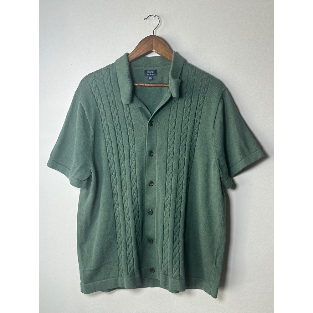 J.Crew Mens XL Sage Green 100% Cotton Cable Knit Short Sleeve Cardigan Polo
